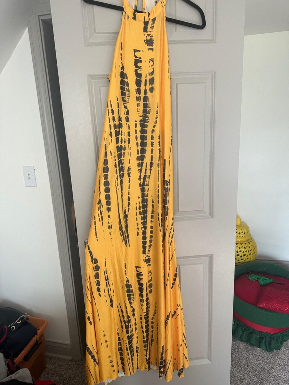 Yellow Halter Maxi Dress with Black Abstract Print